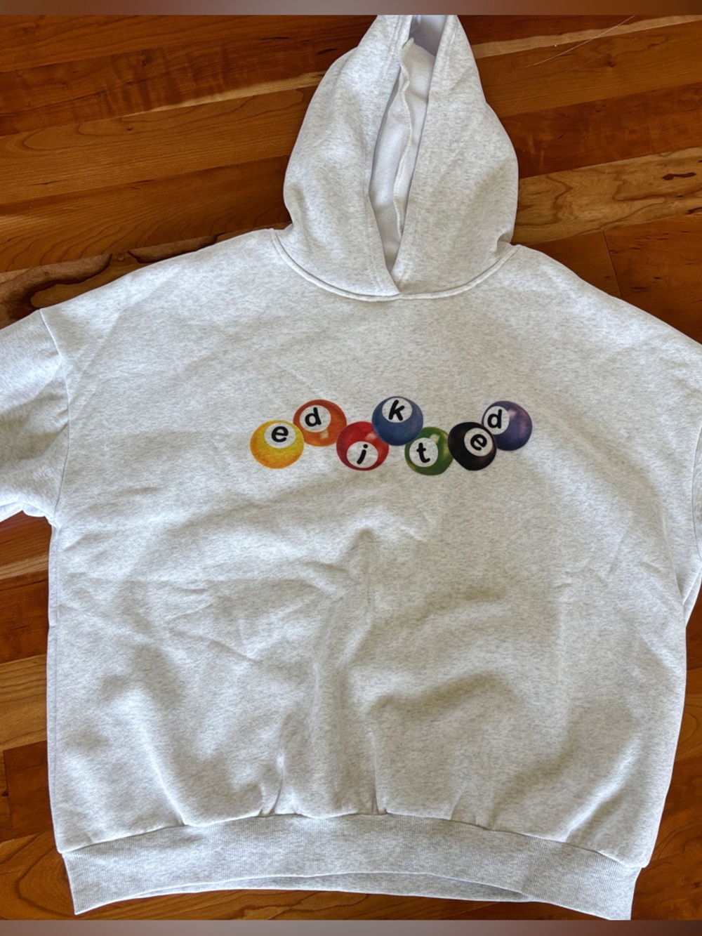 Edikted Light Gray Hoodie with Colorful Pool Ball Graphic